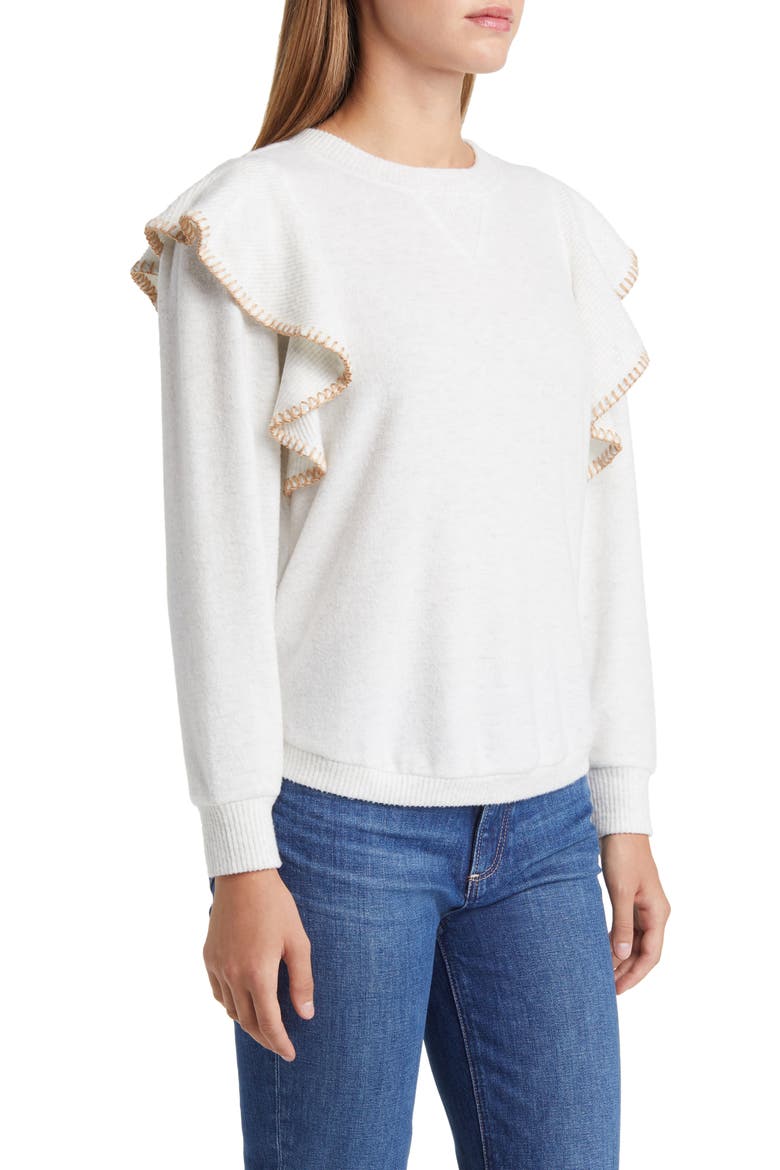 Ruffle Crewneck Sweater (Nordstrom Exclusive), Alternate, color, HEATHER OFF WHITE/ TAN