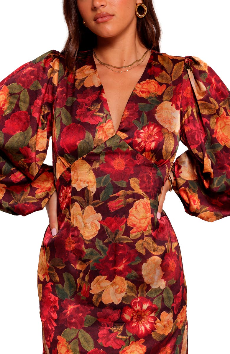 Petal & Pup Zimmer Floral Long Sleeve Satin Maxi Dress, Alternate, color, Sangria Bloom