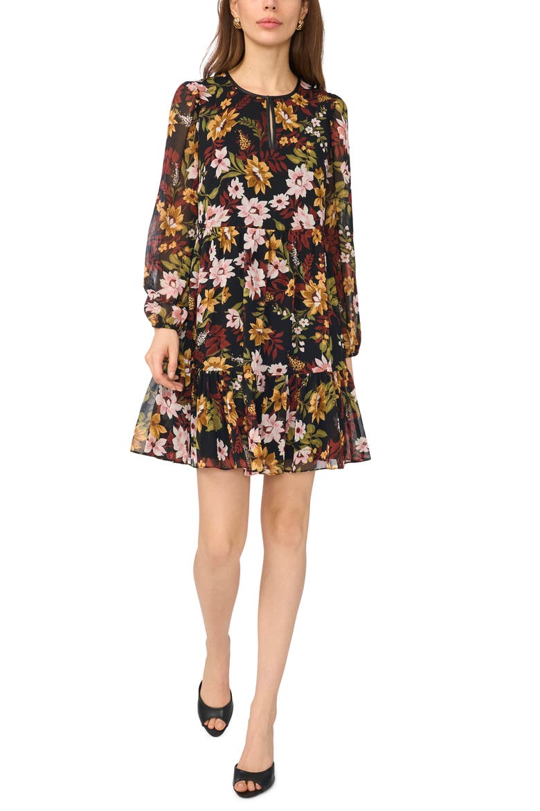 Floral Print Long Sleeve Babydoll Dress, Main, color, BLACK MULTI