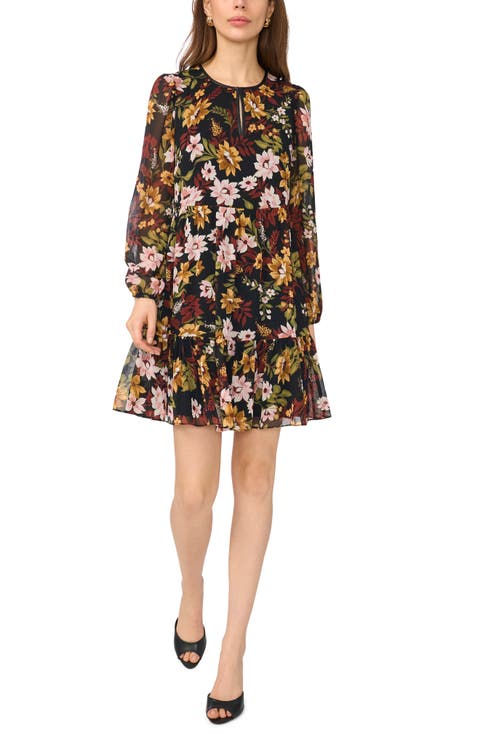 Floral Print Long Sleeve Babydoll Dress