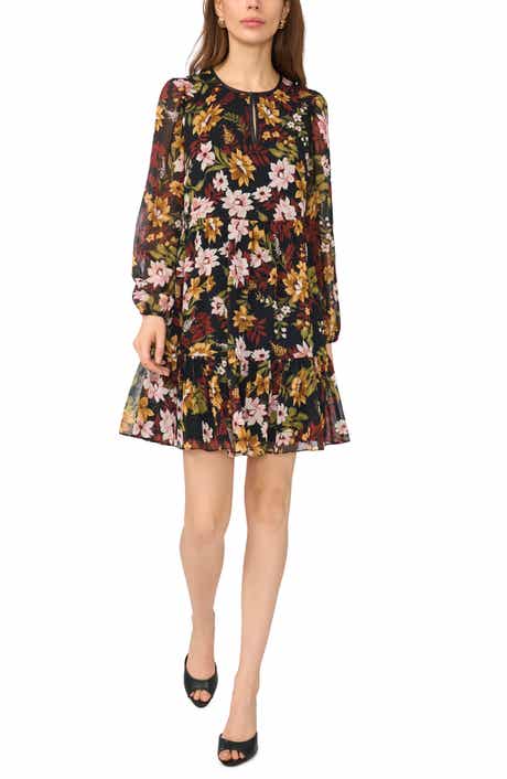 Floral Print Long Sleeve Babydoll Dress