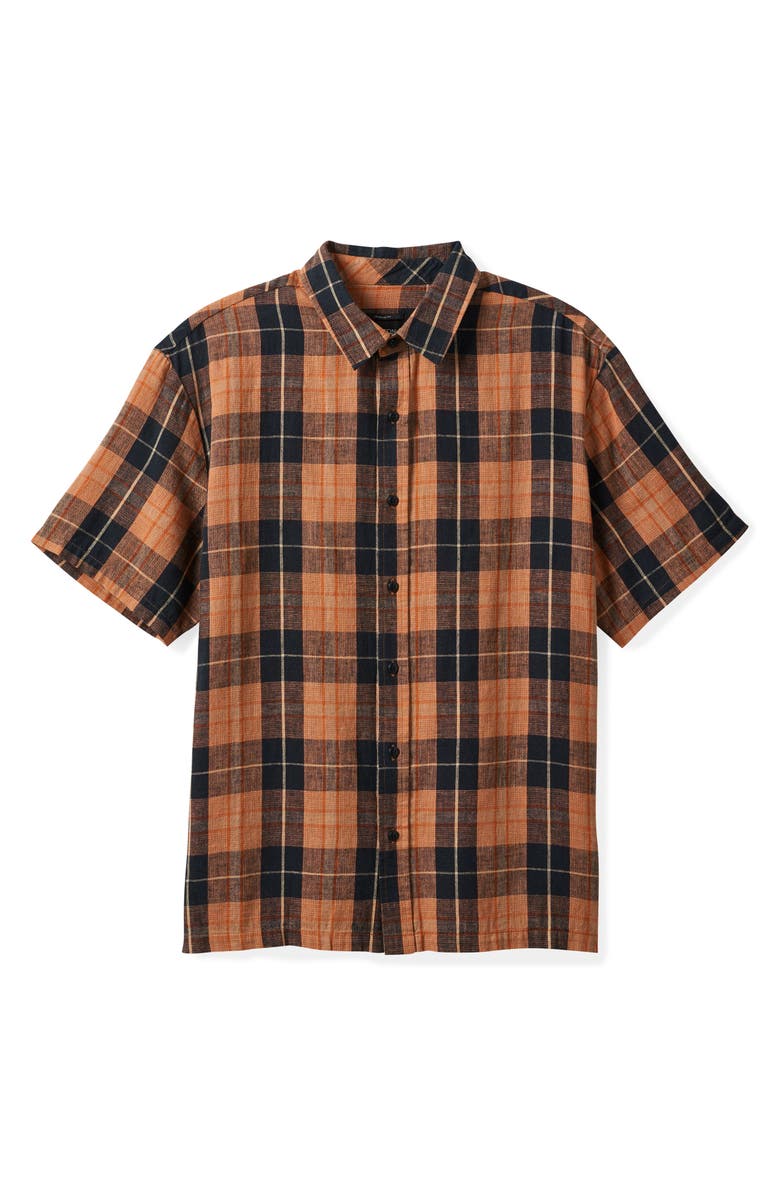 Brixton Cru Oversize Plaid Short Sleeve Linen & Cotton Button-Up Shirt, Alternate, color, 