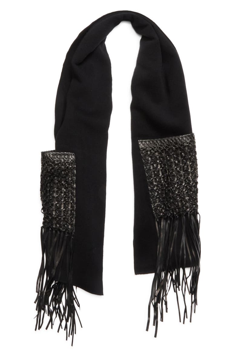 Wool & Cashmere Scarf with Macramé Leather Fringe, Alternate, color, BLACK
