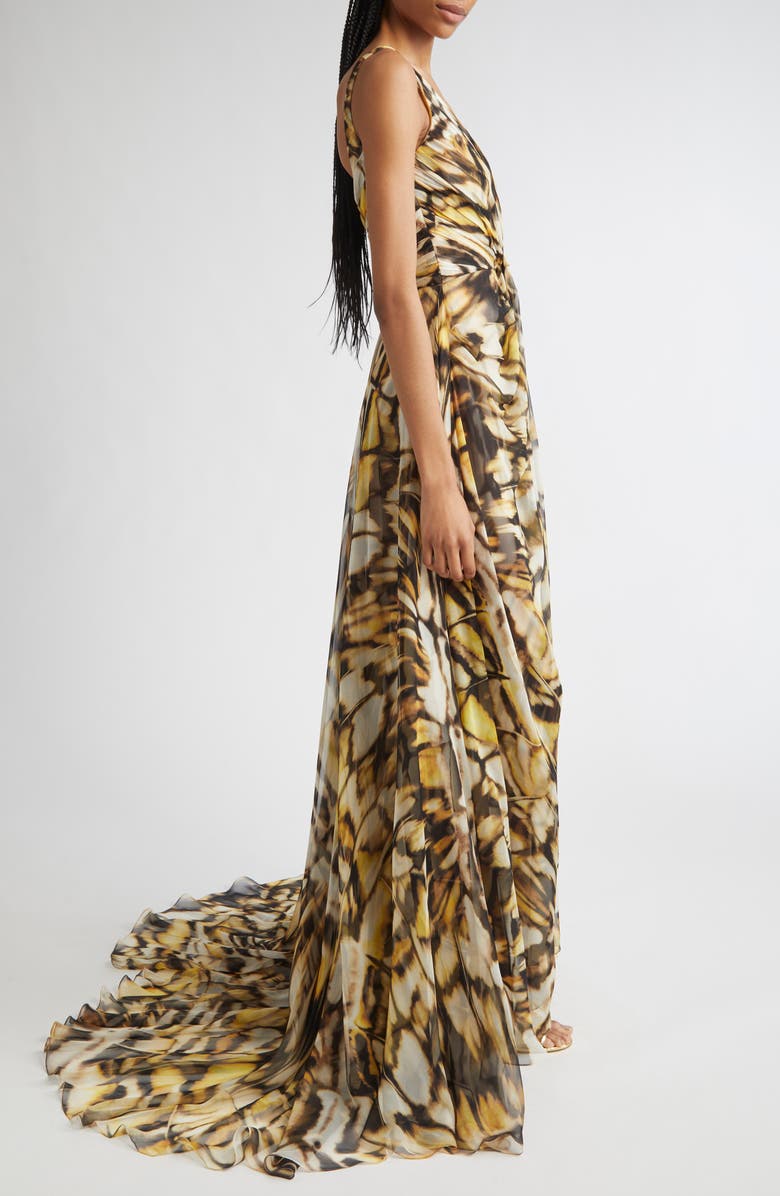 Oscar de la Renta Butterfly Print Draped Silk Chiffon Gown, Alternate, color, Black Multi