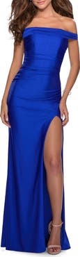 La Femme Off the Shoulder Dress with Tie Back and Slit