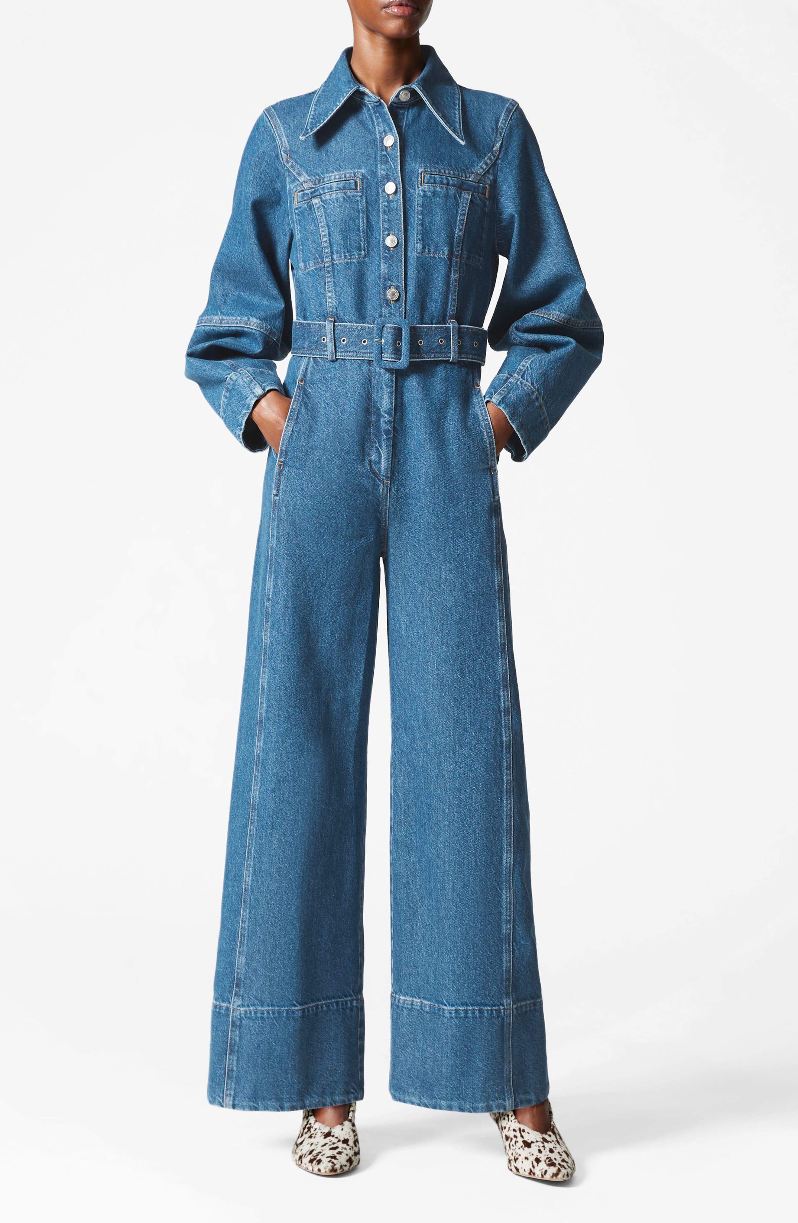 & Other Stories Long Sleeve Belted Wide Leg Denim Jumpsuit
