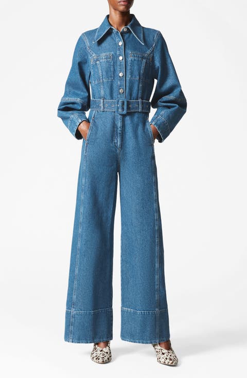 Long Sleeve Belted Wide Leg Denim Jumpsuit