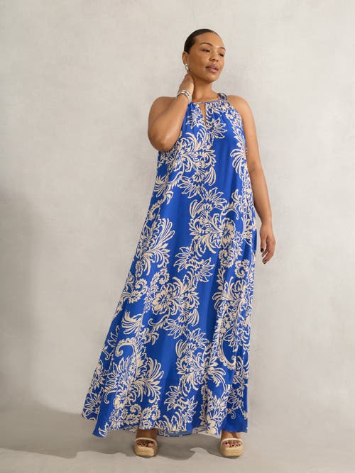 Live Unlimited Floral Print Halter Neck Maxi Dress In Blue