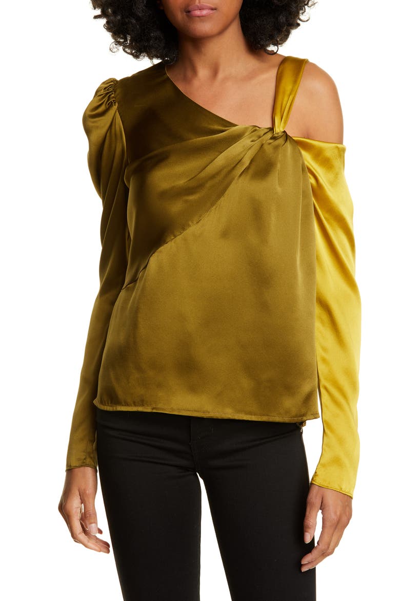 Mabel Two-Tone Silk Satin Top, Main, color, OCHRE/ MOSS