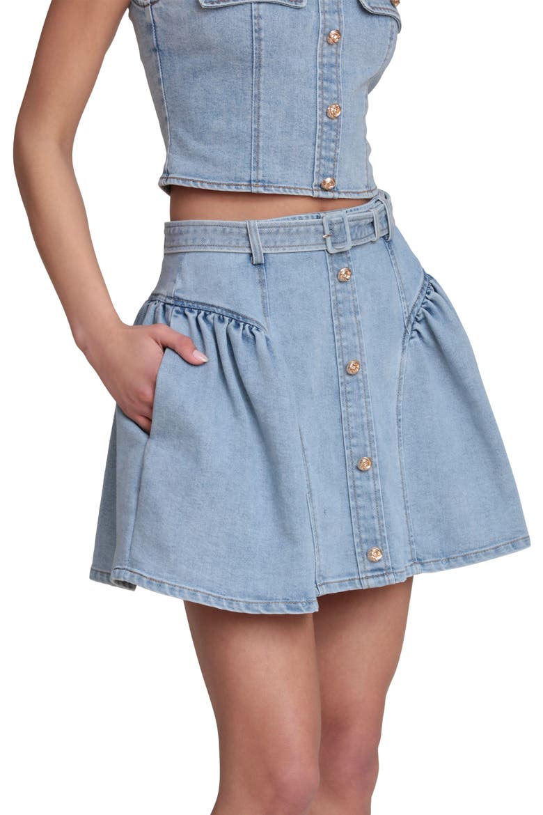 Belted Denim Miniskirt, Alternate, color, SATIN WASH