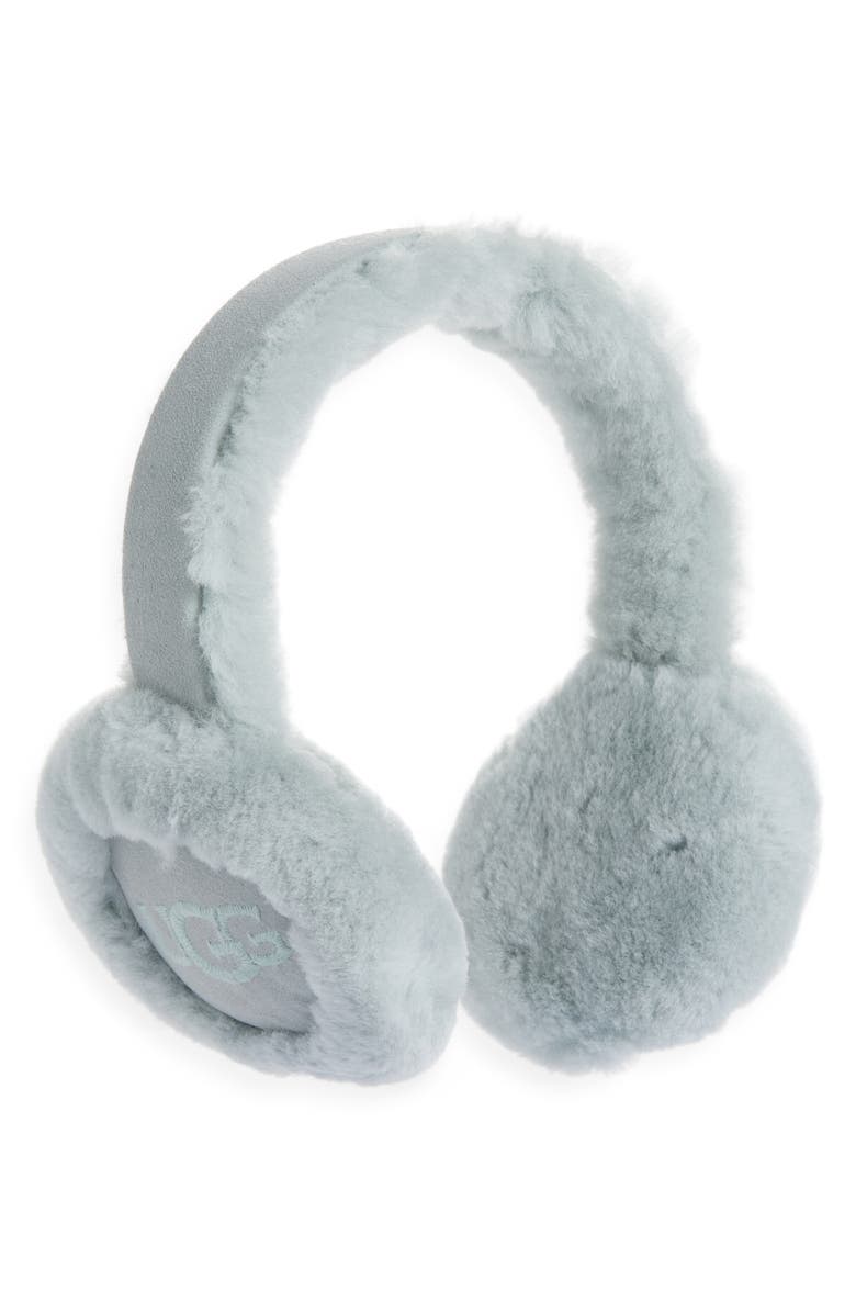 UGG<sup>®</sup> Logo Embroidered Genuine Shearling Earmuffs, Main, color, Grey Mist