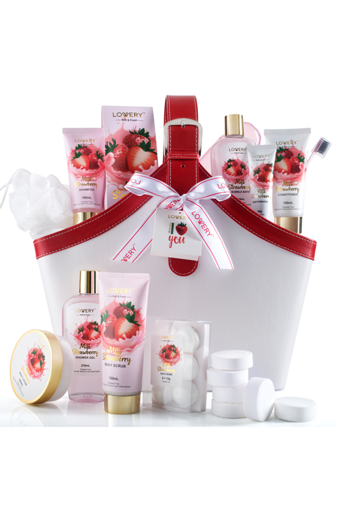 Strawberry Milk Scented Bath Set in a Leather Tote Bag