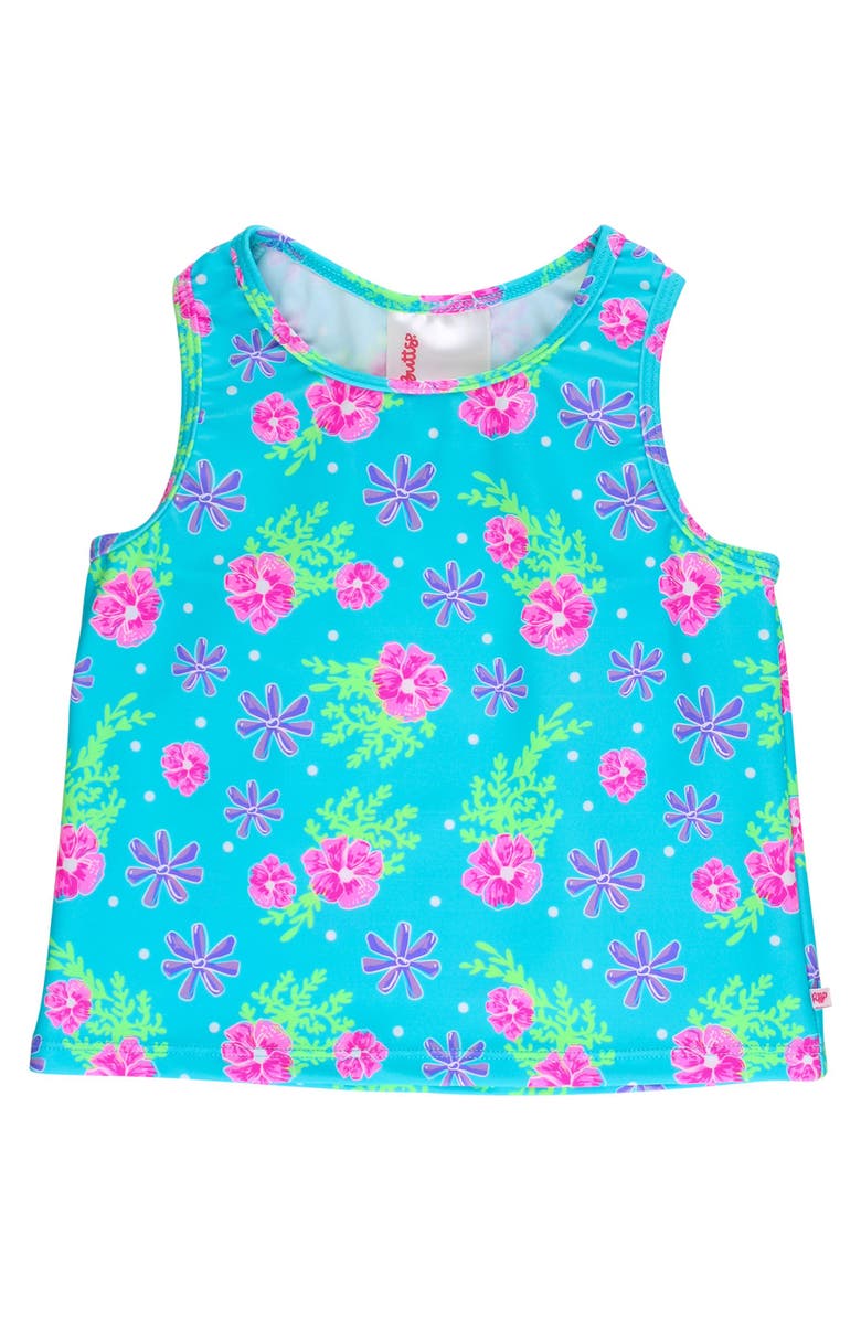 RuffleButts Girls UPF50+ Active Tank Top, Main, color, Neon Happy Hibiscus