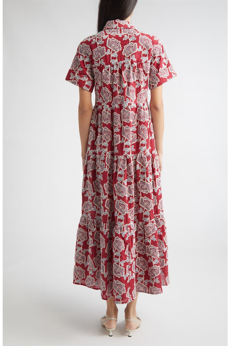 Floral Embroidered Tiered Cotton Blend Midi Shirtdress, Alternate, color, CHERRY