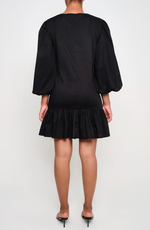 The Lulo Project Fuego Ruched Balloon Sleeve Stretch Cotton Fit & Flare Dress In Black