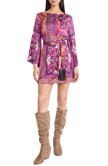 The Good Journey Long Sleeve Tie Belt Shift Minidress In Multi