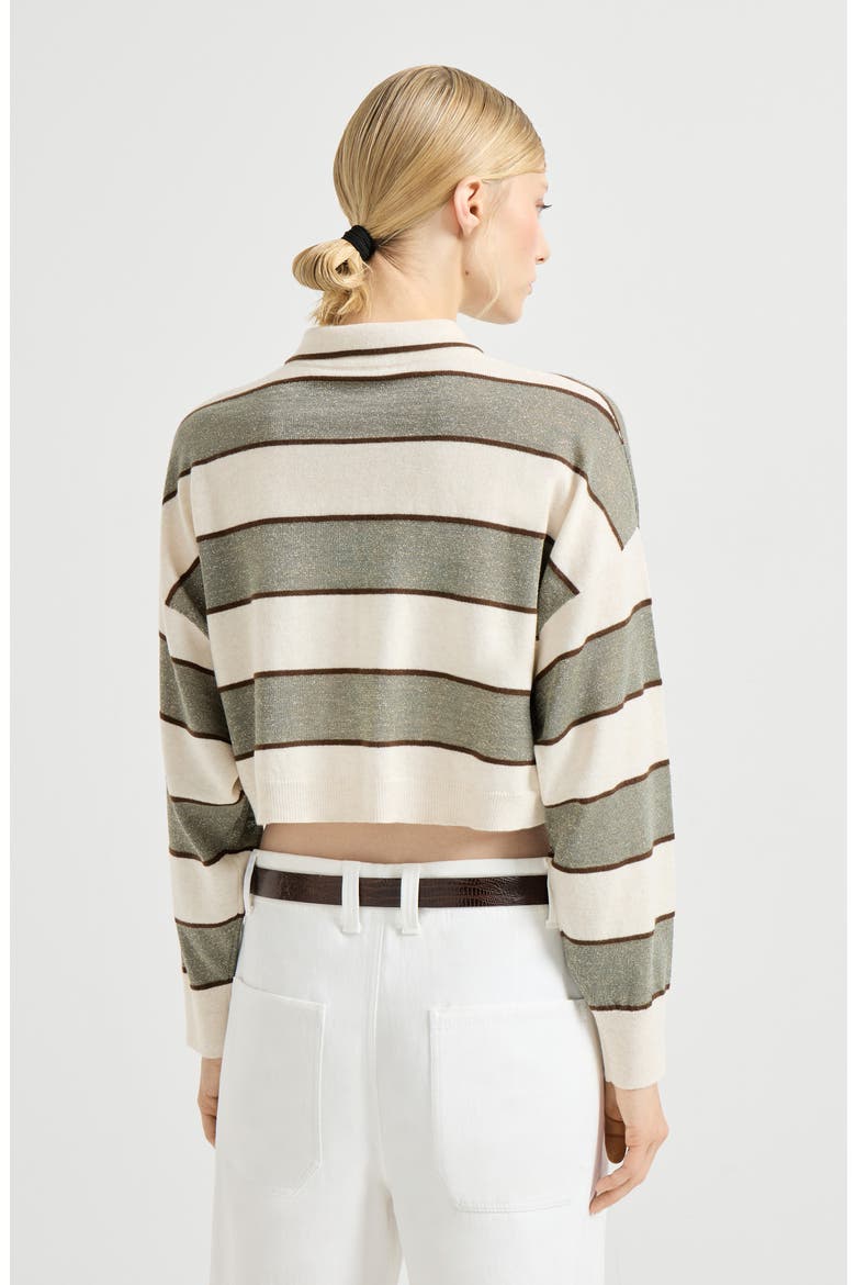Cropped knit polo with sparkling stripes, Alternate, color, Sage