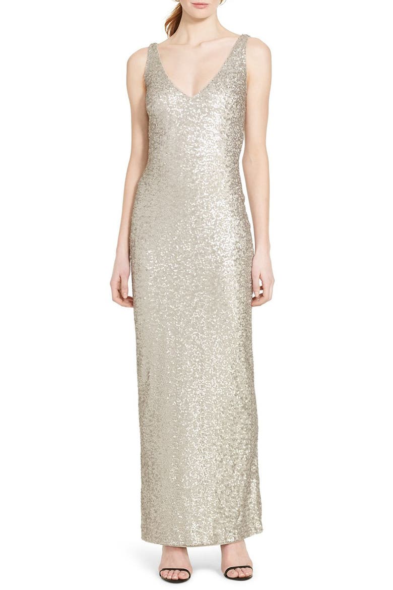Sequin Mesh Gown, Main, color, NEW IVORY/ TAUPE MATTE