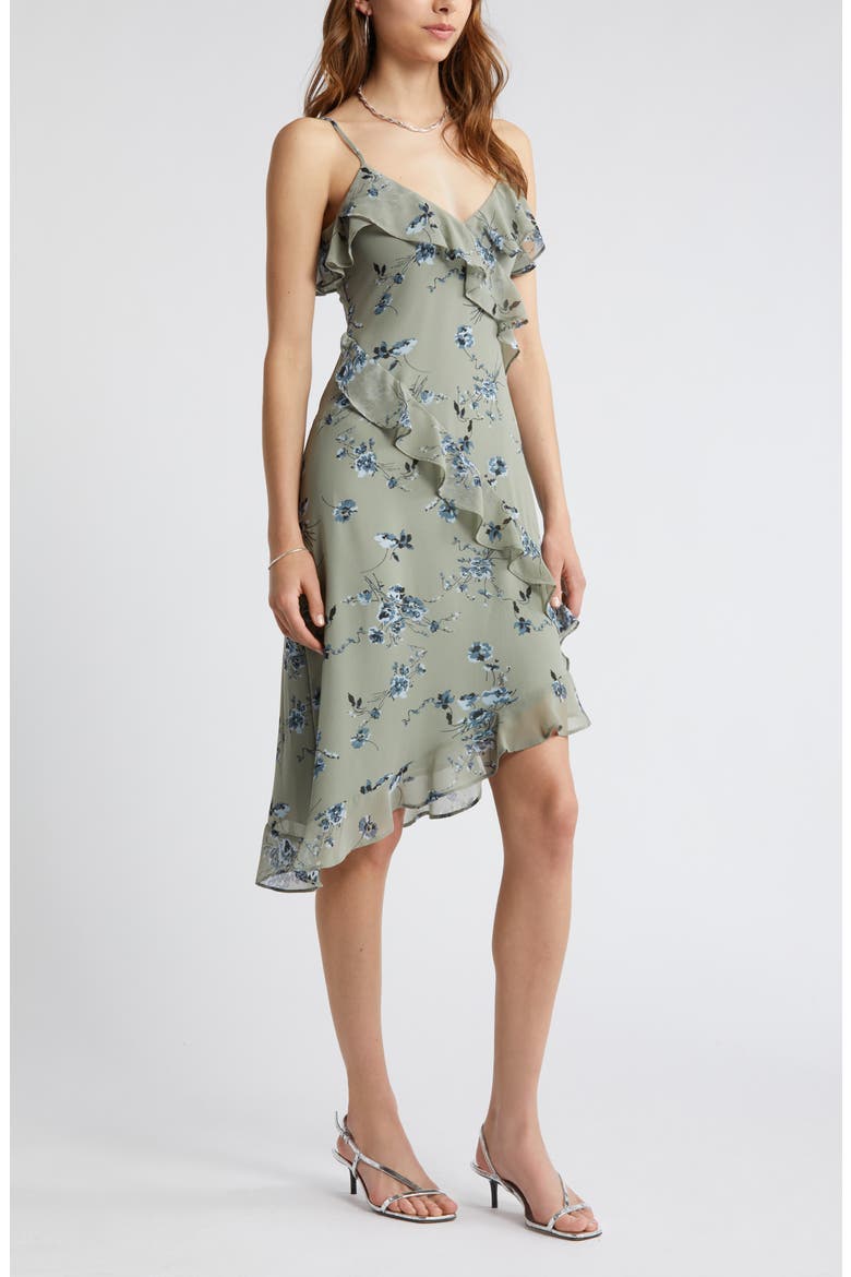 Floral Print Ruffle Chiffon Dress, Main, color, GREEN- BLUE SMUDGE FLORAL