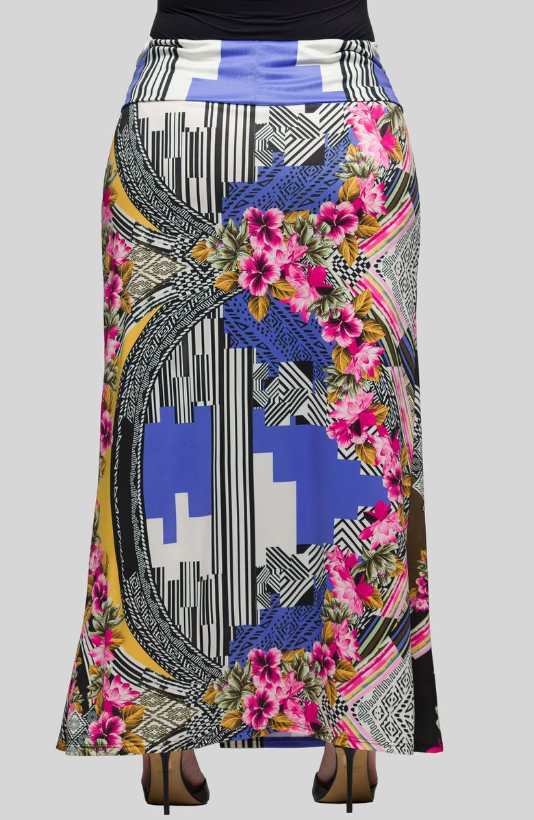 24seven Comfort Apparel Print Foldover Waist Maxi Skirt, Alternate, color, Blue Multi