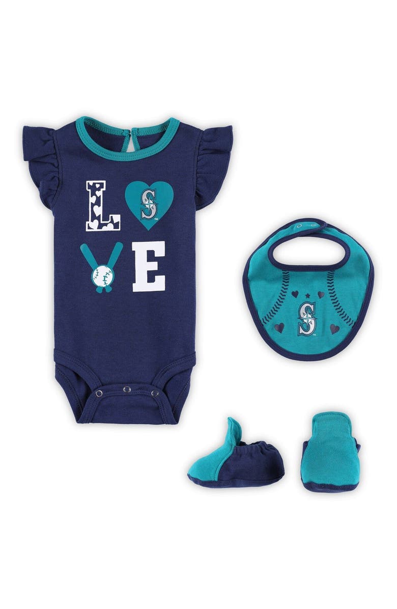 Outerstuff Newborn & Infant Navy/Aqua Seattle Mariners Three-Piece Love of Baseball Bib Bodysuit & Booties Set, Main, color, Navy