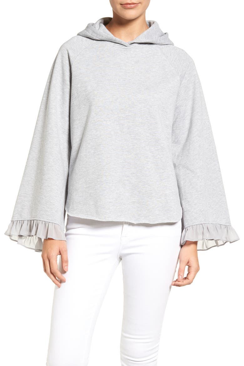 Ruffle Bell Sleeve Hoodie, Main, color, GREY HEATHER