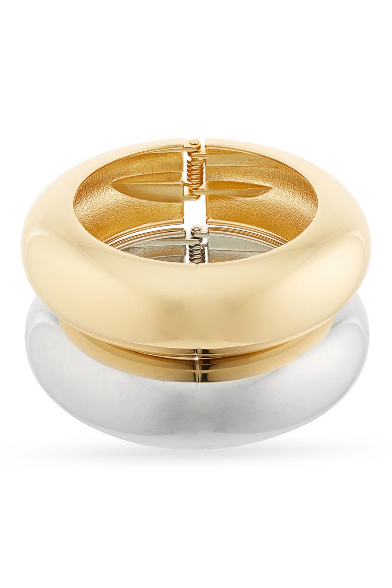Mixed Metal Set of Two Hinged Bangle Bracelets, Main, color, GOLD/ SILVER