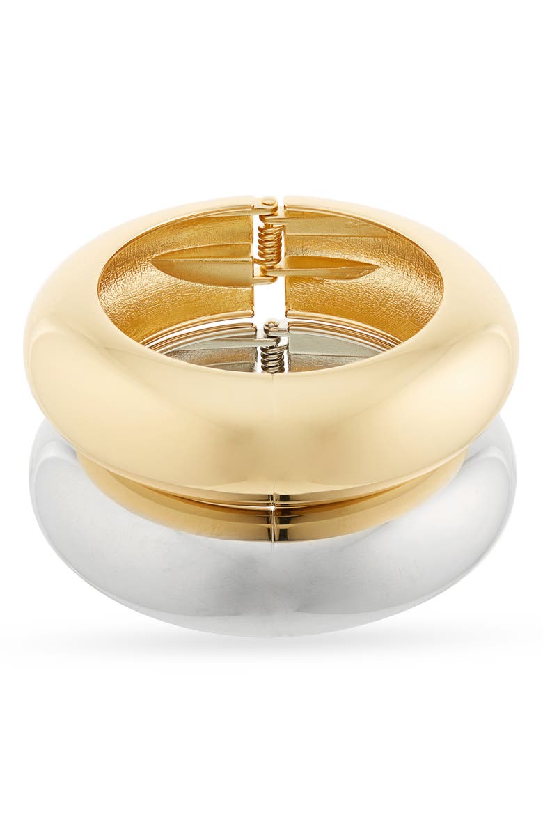 Shashi Mixed Metal Set of Two Hinged Bangle Bracelets, Main, color, Gold/ Silver