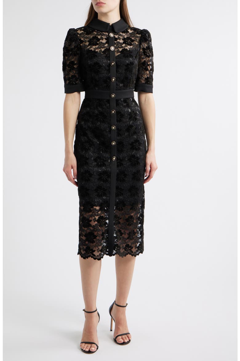 Metallic Lace Midi Shirtdress, Main, color, BLACK