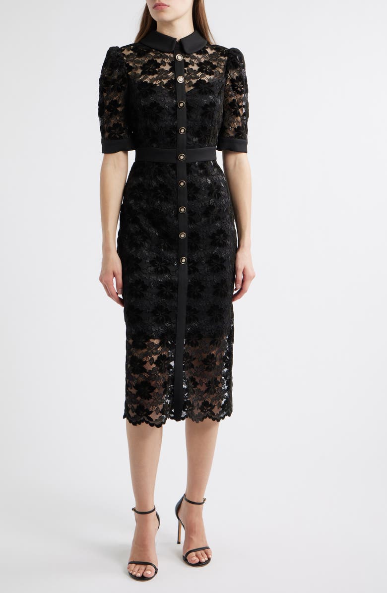 Tahari ASL Metallic Lace Midi Shirtdress, Main, color, Black