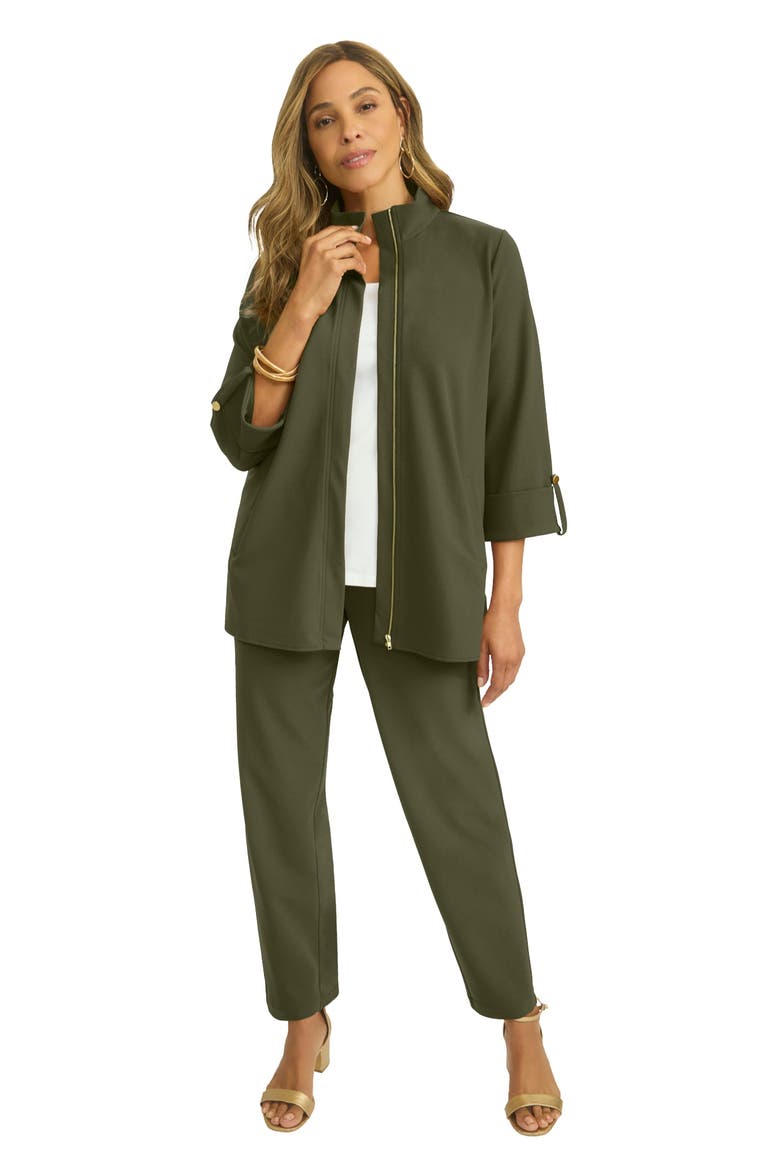 Knit Crepe Winged Collar Set (plus), Main, color, DARK OLIVE GREEN