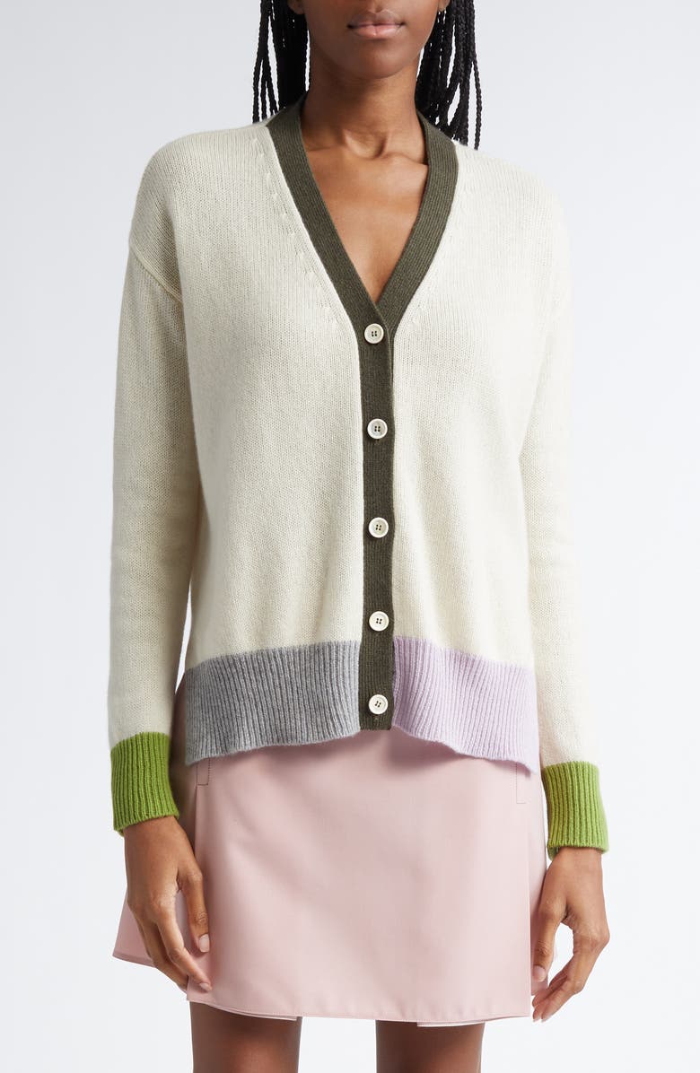 Marni Asymmetric Colorblock Cashmere V-Neck Cardigan, Main, color, 