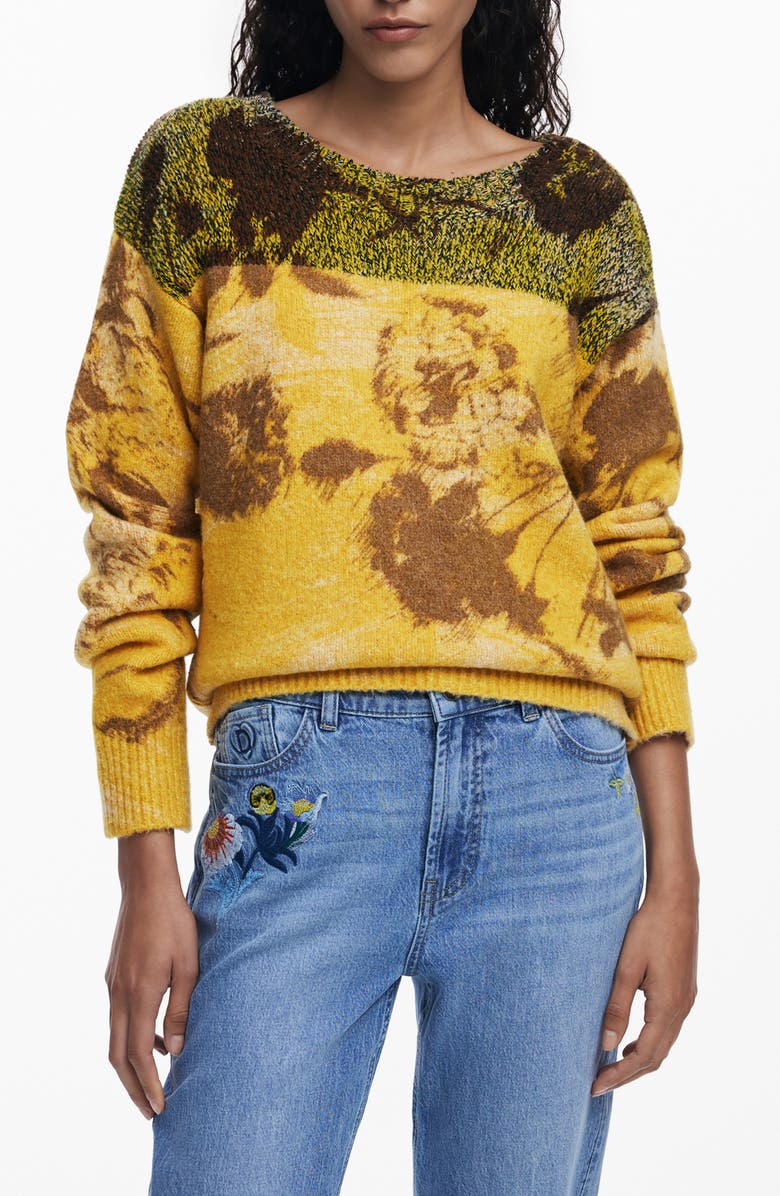 Desigual Abstract Floral Sweater, Main, color, Yellow