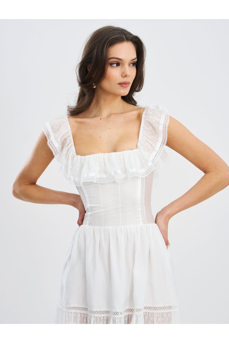 Eden Square Neck Ruffle Trim High Waist Midi Dress, Alternate, color, White