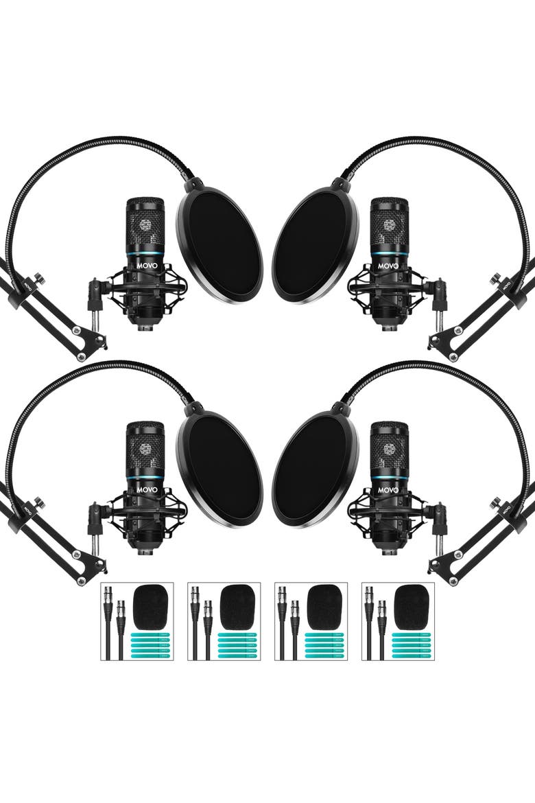 4-Pack Universal Cardioid Podcasting Microphone Bundle with Articulating Scissor Arm and Pop Filter for XLR Outputs, Main, color, Black
