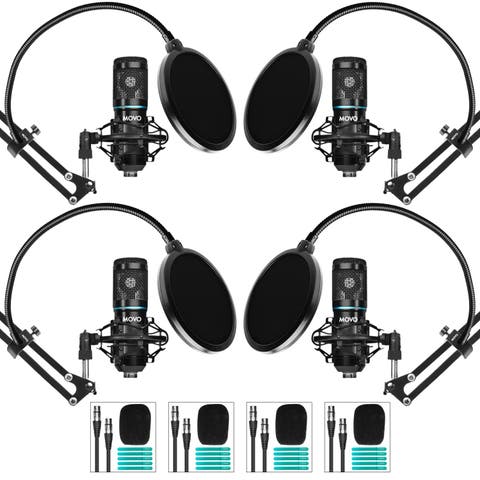 4-Pack Universal Cardioid Podcasting Microphone Bundle with Articulating Scissor Arm and Pop Filter for XLR Outputs