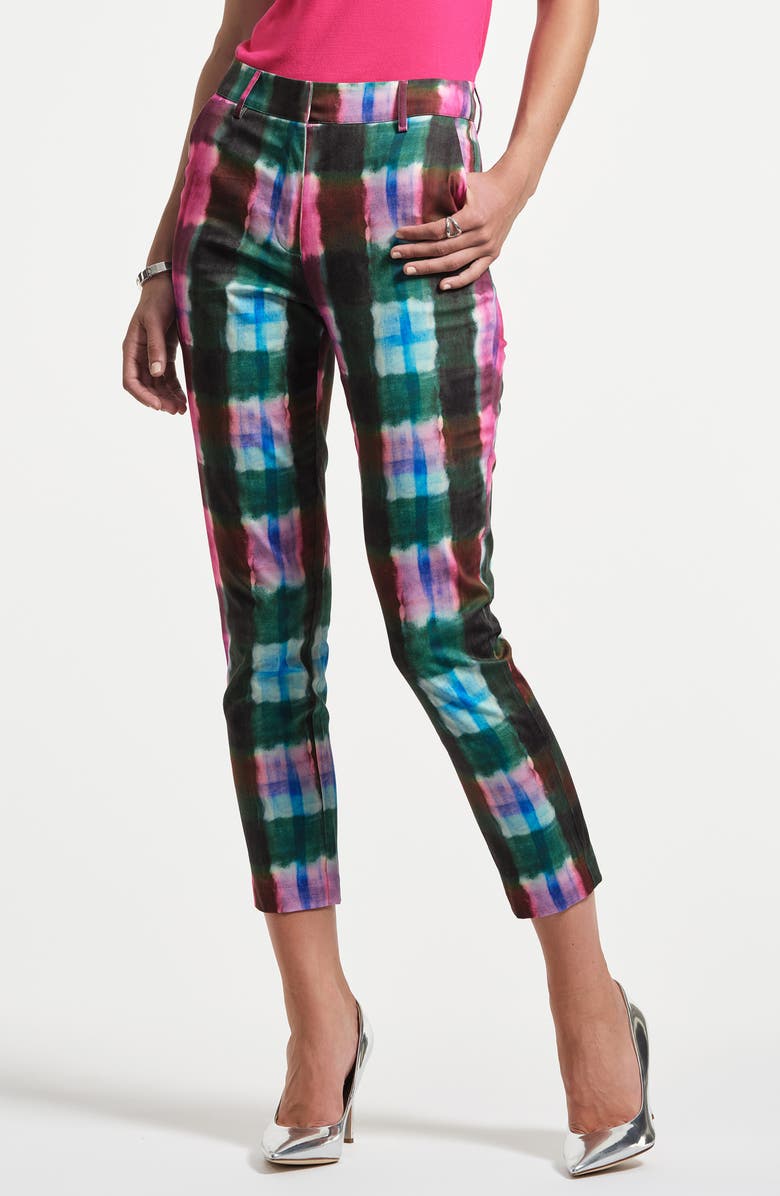 Isaac Mizrahi New York Slim Fit Sateen Ankle Pants, Main, color, Watercolor Tartan