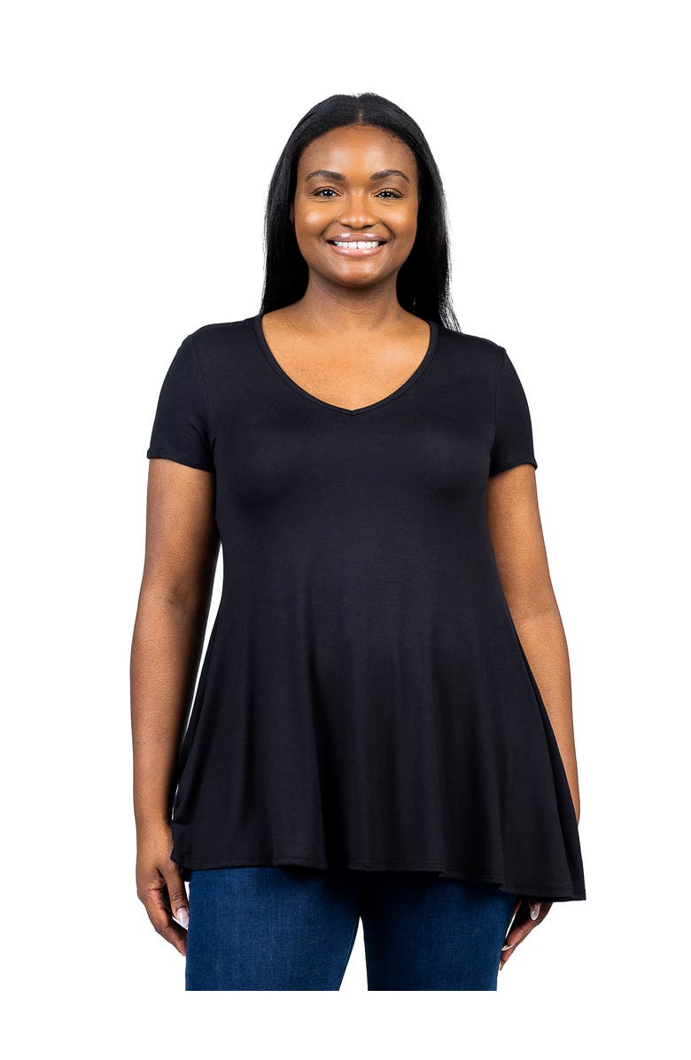 24seven Comfort Apparel Plus Size Short Sleeve V Neck Tunic T Shirt, Main, color, Black
