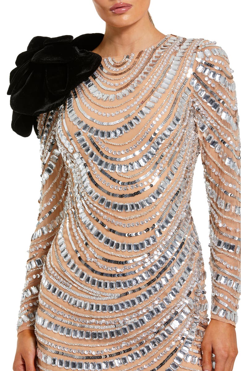 Mac Duggal Mesh Long Sleeve Beaded 3D flower Mini Dress, Alternate, color, Silver Nude