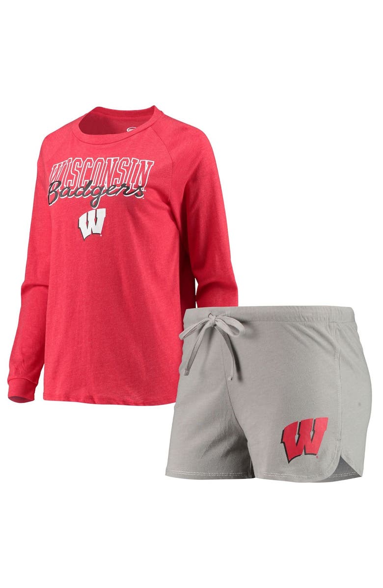 CONCEPTS SPORT Women's Concepts Sport Heathered Red/Gray Wisconsin Badgers Raglan Long Sleeve T-Shirt & Shorts Sleep Set, Main, color, 