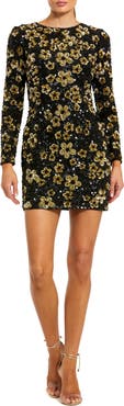 Mac Duggal Floral Sequin Long Sleeve Mini Dress