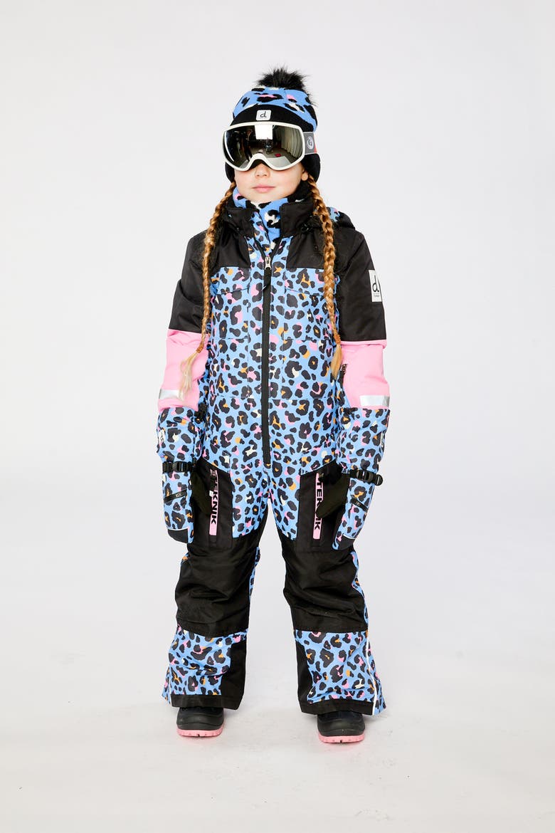 Teknik Leopard Fleece Lined & Reinforced Knees One Piece Snowsuit, Alternate, color, Blue Leopard Print