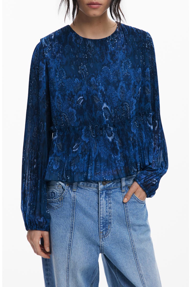 Pleated Floral Print Shirt, Main, color, DARK BLUE
