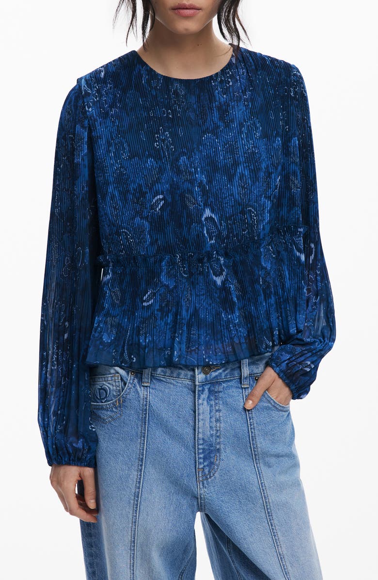 Desigual Pleated Floral Print Shirt, Main, color, Dark Blue