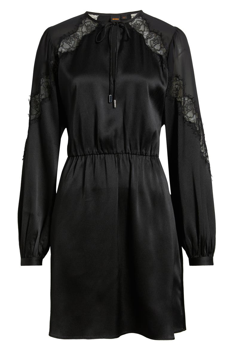 Dlassys Long Sleeve Satin & Lace Dress, Alternate, color, BLK