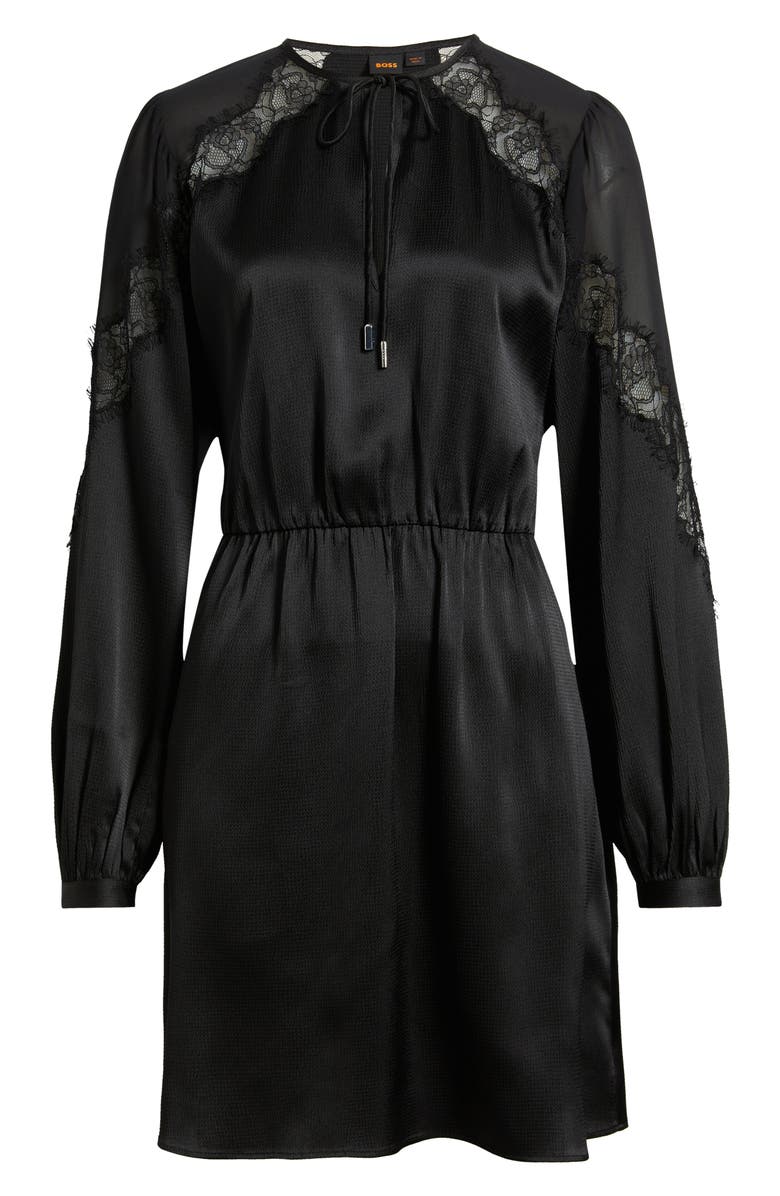 BOSS Orange Dlassys Long Sleeve Satin & Lace Dress, Alternate, color, Black