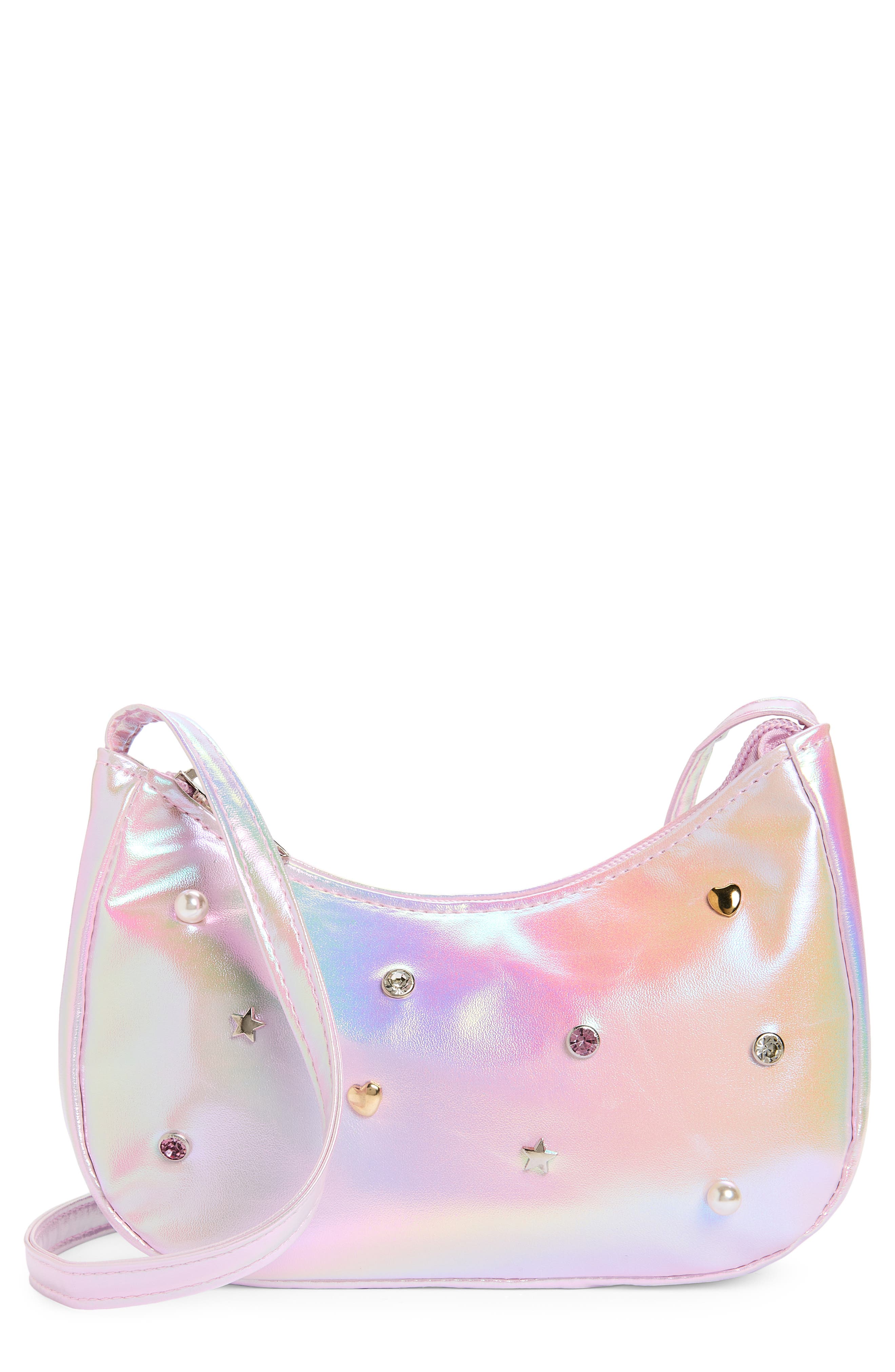 Kids' Embellished Iridescent Faux Leather Crossbody Bag, Main, color, PINK COMBO