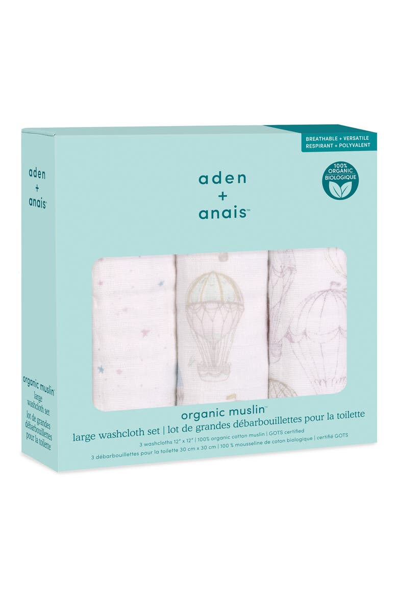 3-Pack Assorted Organic Cotton Muslin Washcloths, Main, color, ABOVE THE CLOUDS PINK