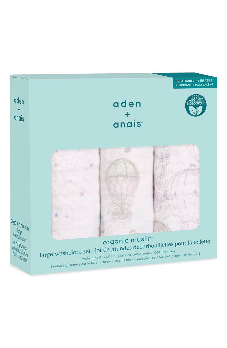 aden + anais 3-Pack Assorted Organic Cotton Muslin Washcloths, Main, color, Above The Clouds Pink