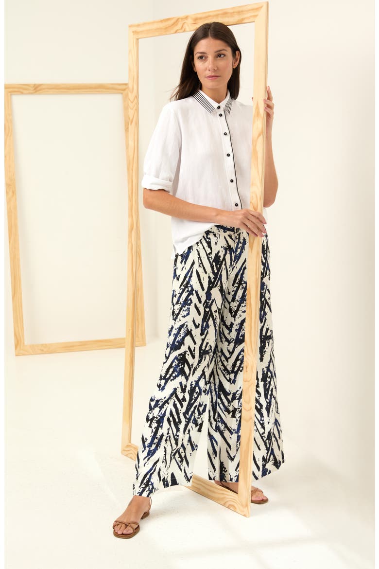 Stripe Trim Linen Blend Button-Up Shirt, Alternate, color, PAPER WHITE